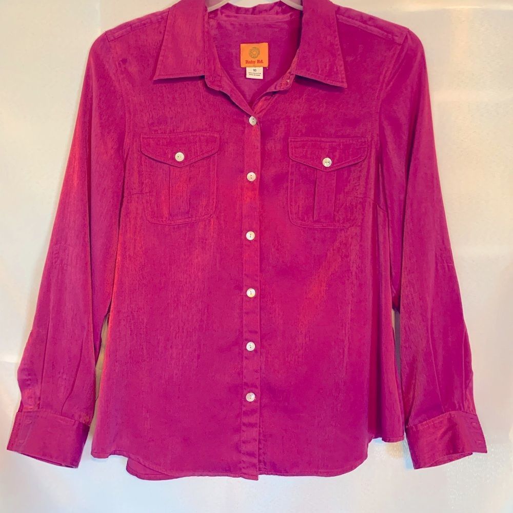 Ruby Rd Vibrant Pink Long Sleeved Button up Top 10 (A-170)